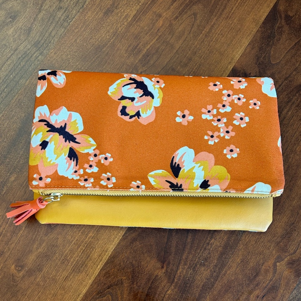 Rachel Pally fold over clutch purse. Golden yellow and floral, reversible.